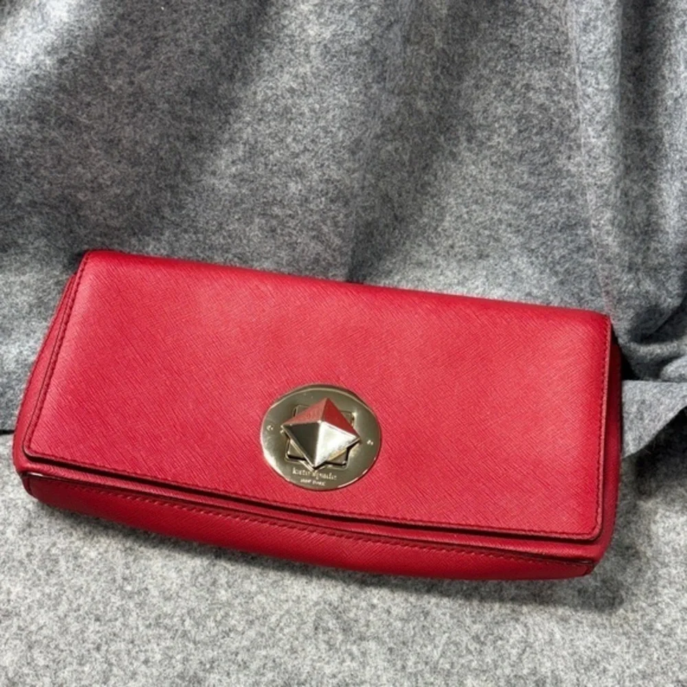 Kate Spade New York Lock Clutch Red Leather Envelope Brass Turn Pyramid Purse